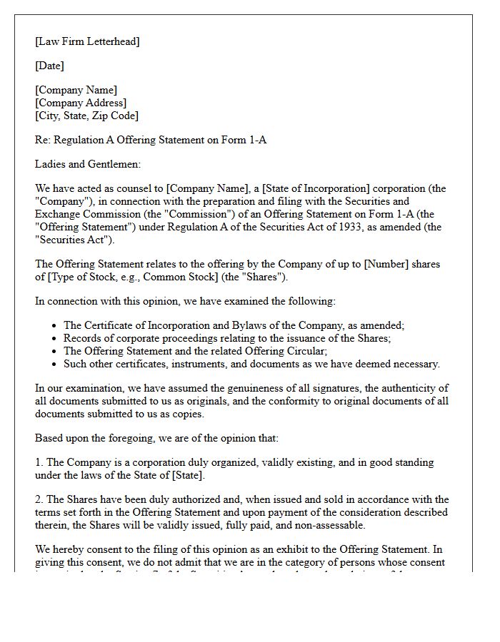 Regulation A Securities Exemption Opinion Letter