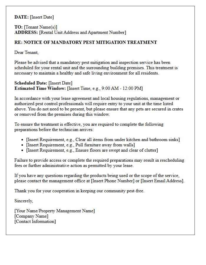 Letter Of Mandatory Pest Mitigation For Residential Tenants