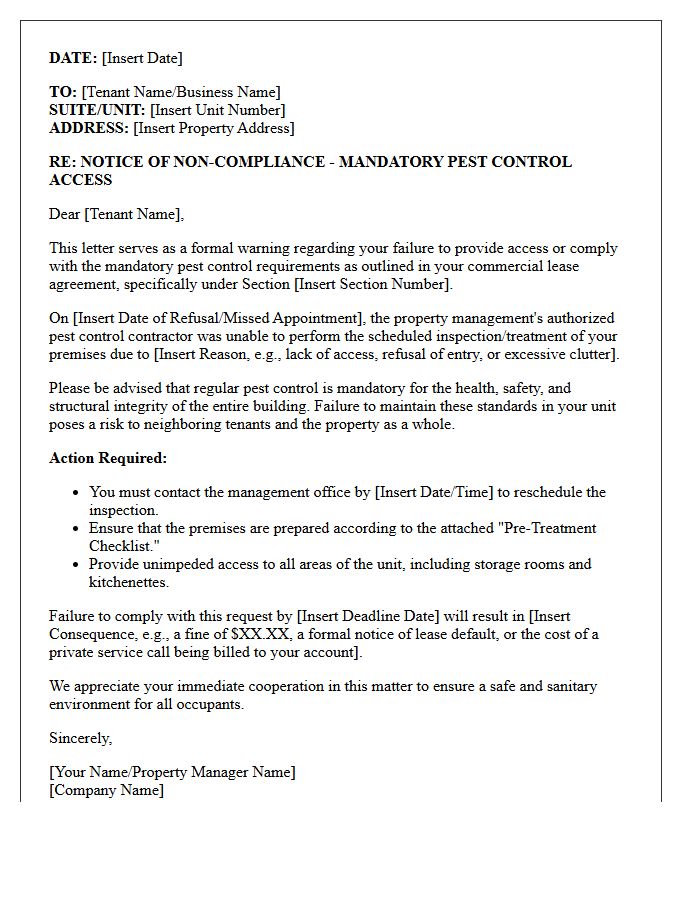 Commercial Property Mandatory Pest Control Warning Letter