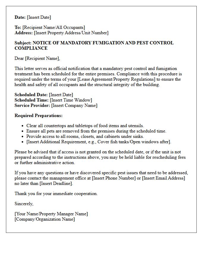 Mandatory Fumigation And Pest Control Compliance Letter