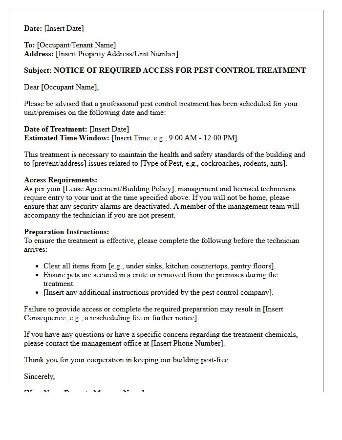 Letter Of Required Access For Pest Control Treatment