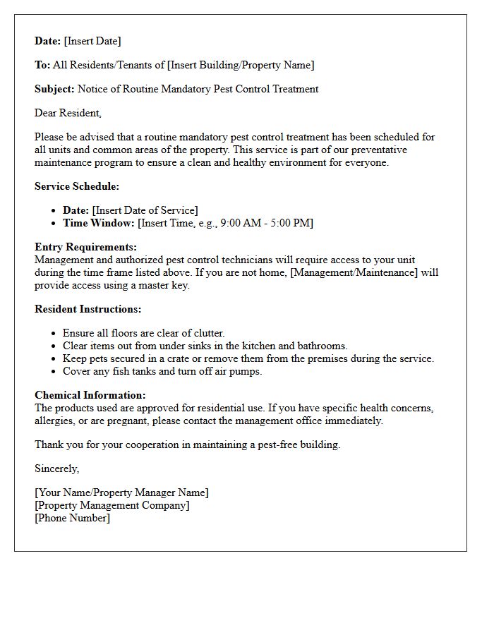 Routine Mandatory Pest Treatment Notification Letter