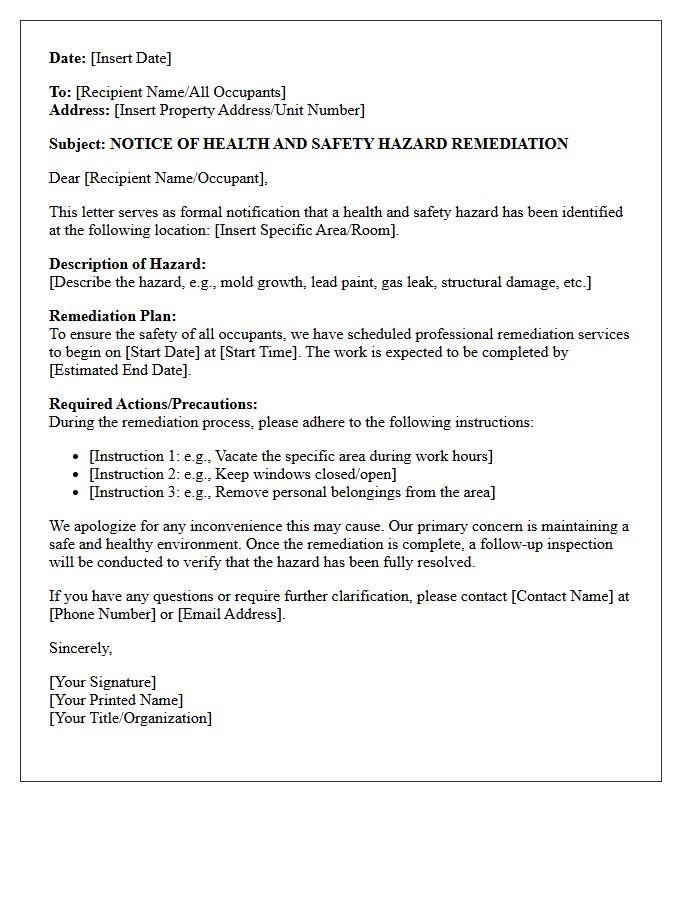 Notice of Health and Safety Hazard Remediation Letter
