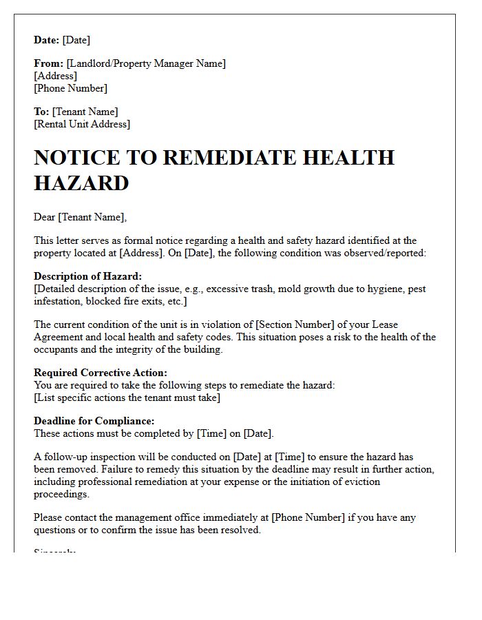 Tenant Health Hazard Remediation Notice Letter