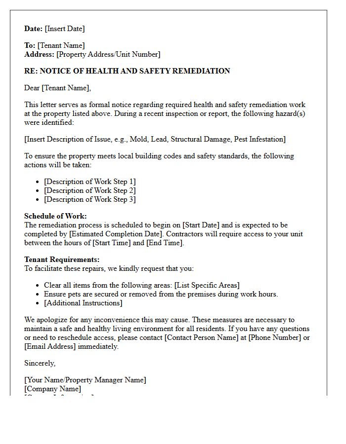 Residential Health and Safety Remediation Notice Letter