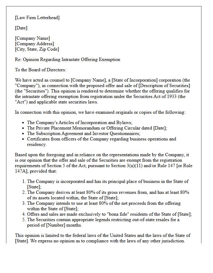 Intrastate Offering Securities Exemption Opinion Letter