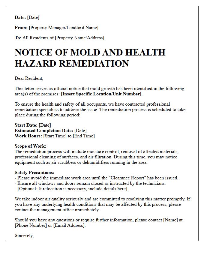 Notice of Mold and Health Hazard Remediation Letter