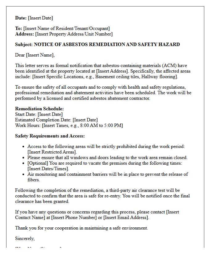 Asbestos Safety Hazard Remediation Notice Letter