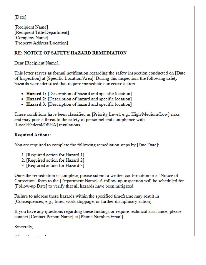 Post-Inspection Safety Hazard Remediation Notice Letter