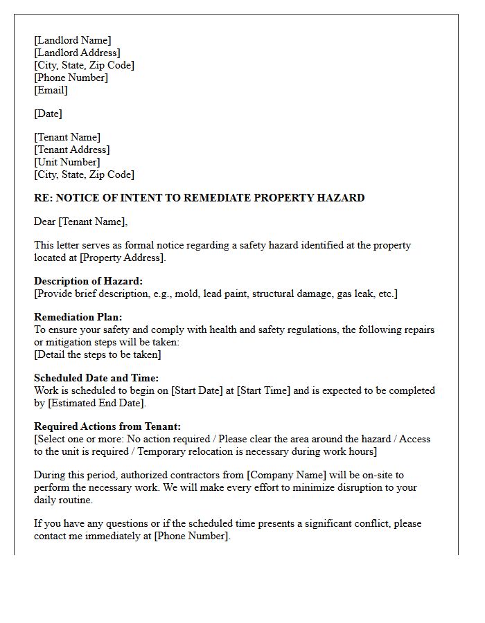 Landlord Notice of Property Hazard Remediation Letter