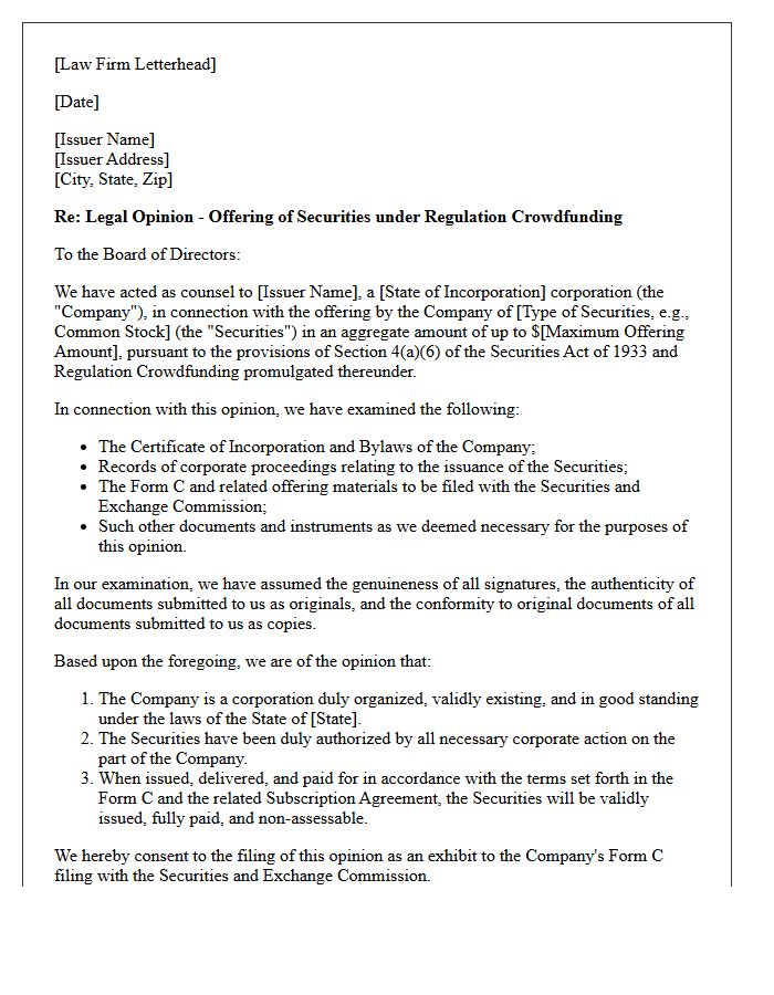 Regulation Crowdfunding Securities Exemption Opinion Letter