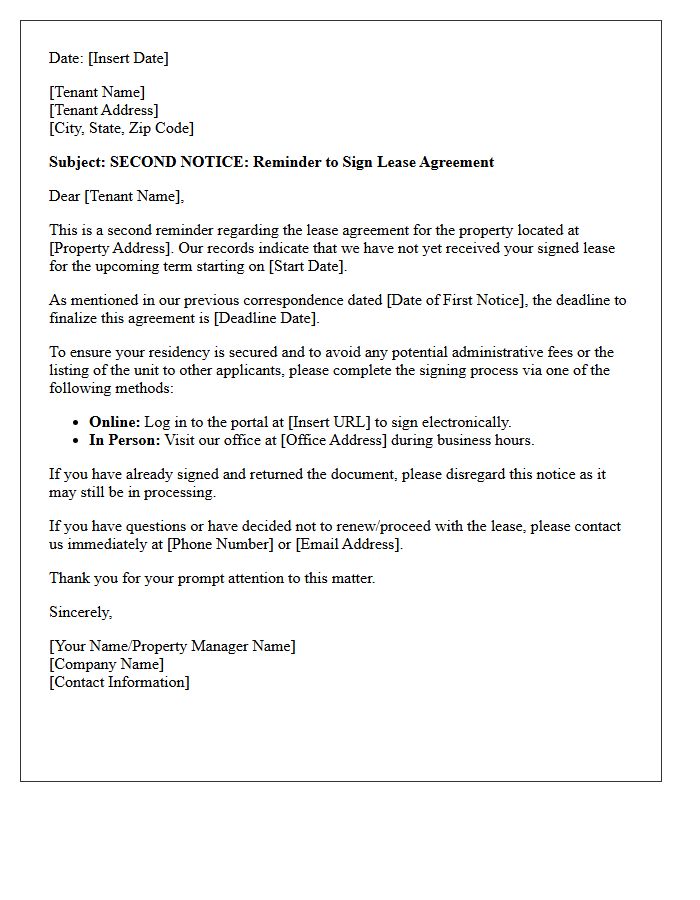Second Notice Lease Agreement Signing Reminder Letter