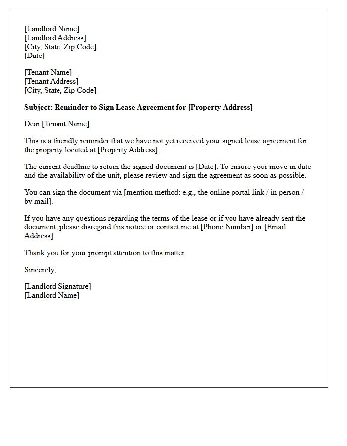 Landlord to Tenant Lease Agreement Signing Reminder Letter