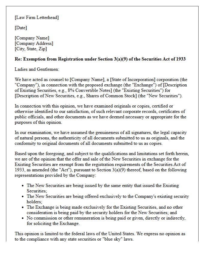 Exchange Act Section 3(a)(9) Securities Exemption Opinion Letter