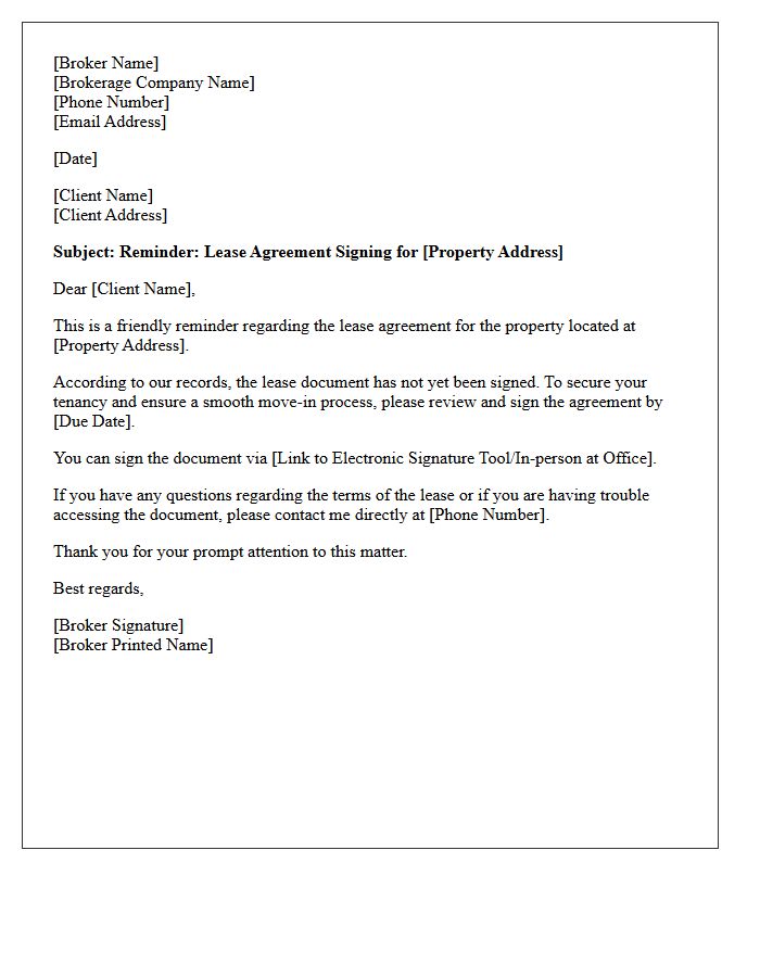 Broker to Client Lease Agreement Signing Reminder Letter