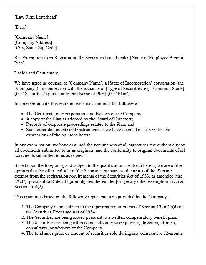 Employee Benefit Plan Securities Exemption Opinion Letter