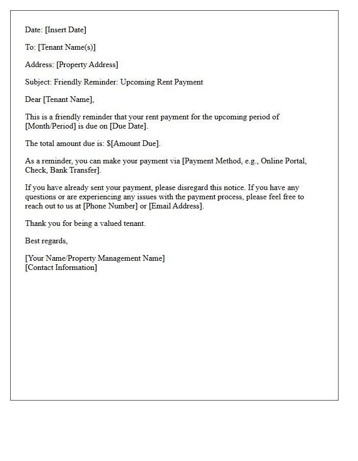 Upcoming Balance Friendly Rent Reminder Letter