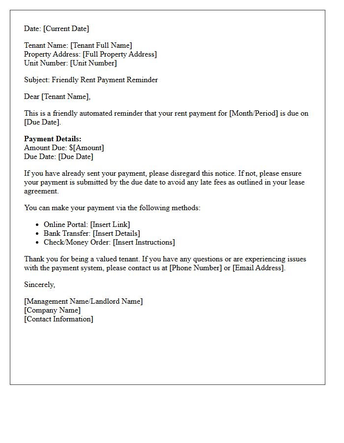 Automated System Friendly Rent Reminder Letter