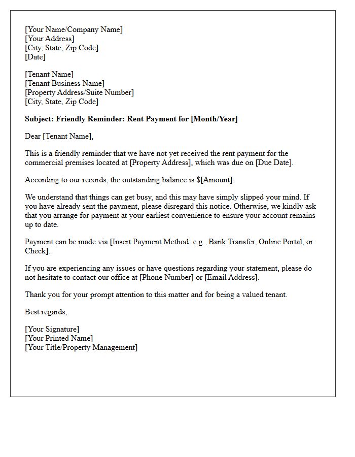 Commercial Property Friendly Rent Reminder Letter