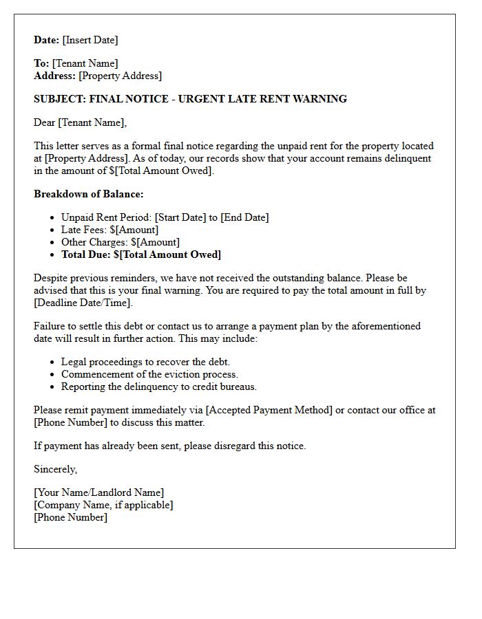 Final Notice Late Rent Warning Letter