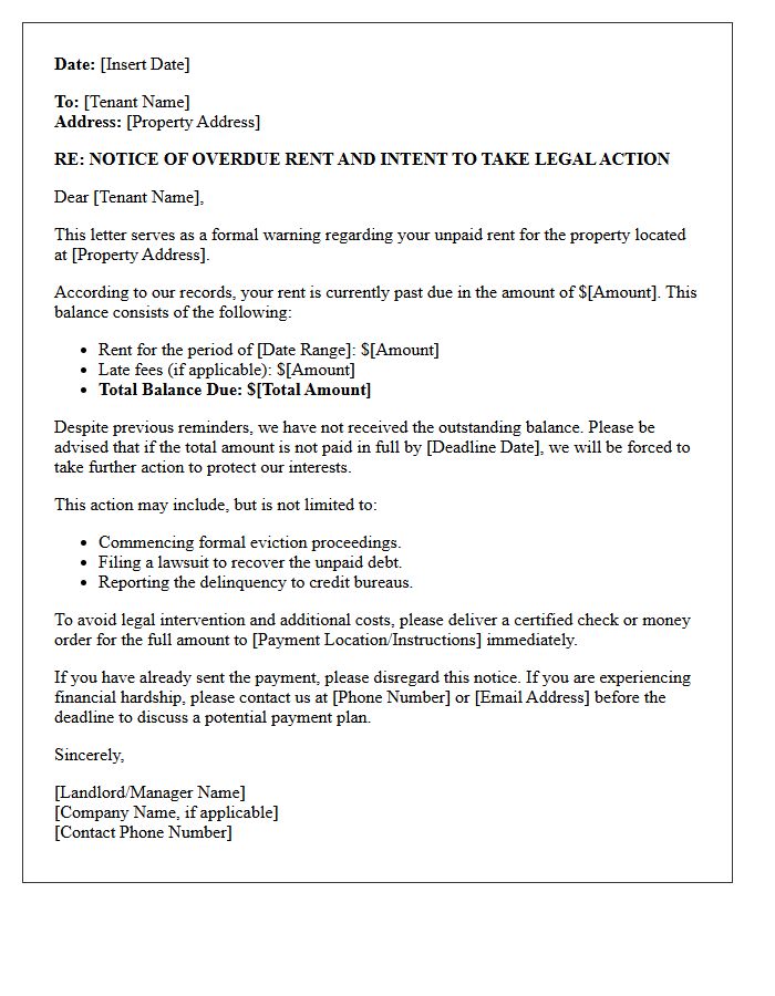Legal Action Warning Late Rent Letter