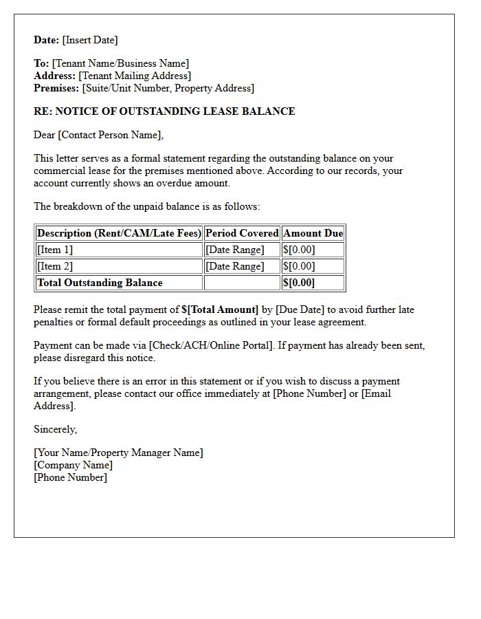Commercial Lease Outstanding Balance Statement Letter