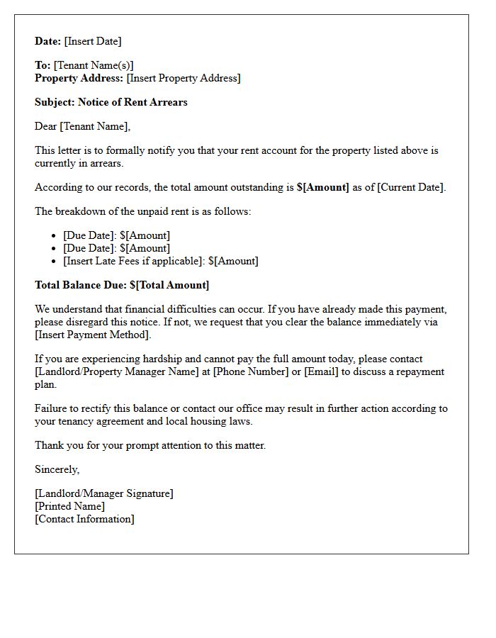 Residential Tenant Rent Arrears Statement Letter