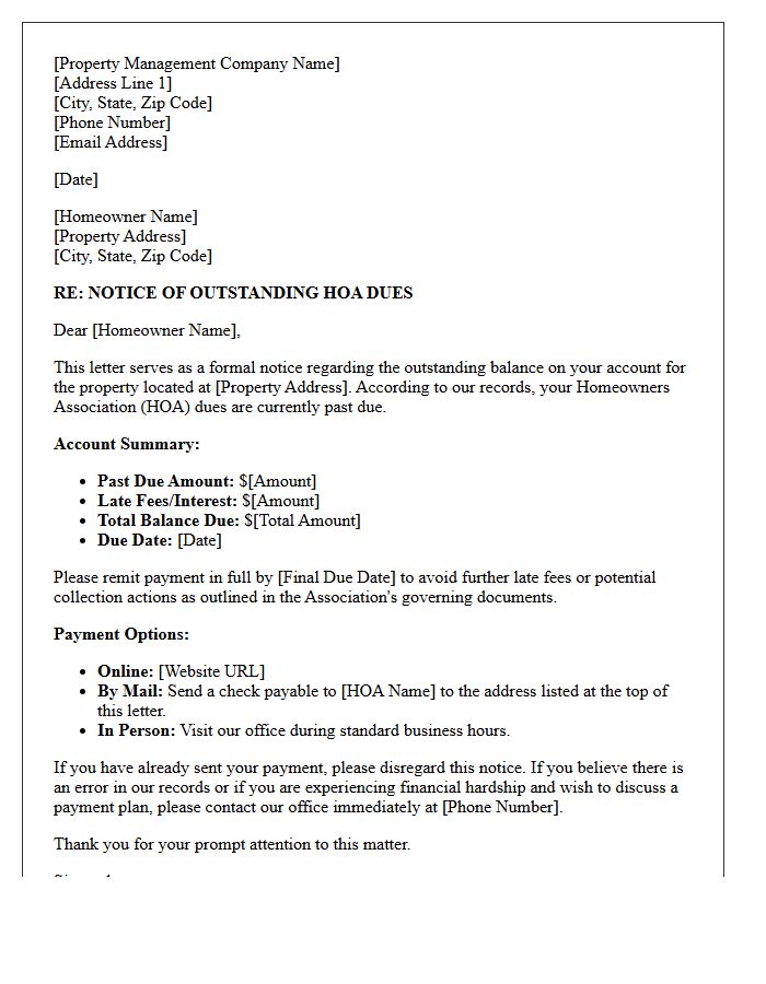 Property Management Outstanding HOA Dues Statement Letter