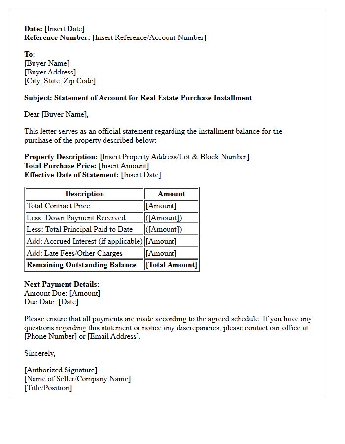 Real Estate Purchase Installment Balance Statement Letter