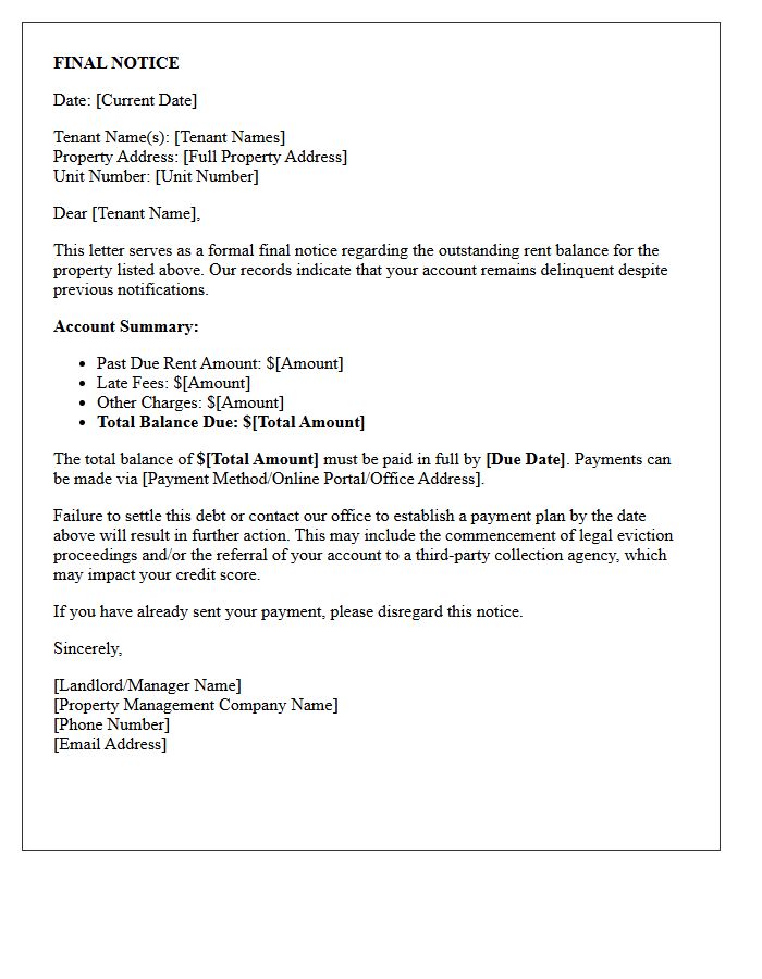 Final Notice Outstanding Rent Balance Statement Letter