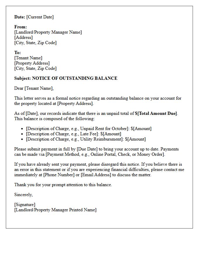 Landlord Notice of Outstanding Balance Statement Letter