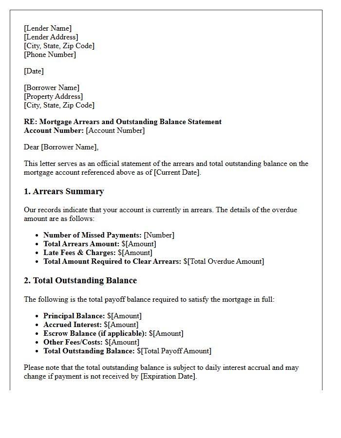 Mortgage Arrears and Outstanding Balance Statement Letter