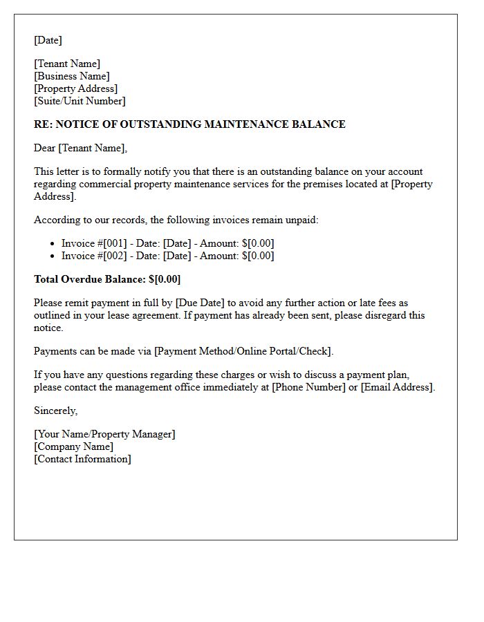 Commercial Property Maintenance Outstanding Balance Letter