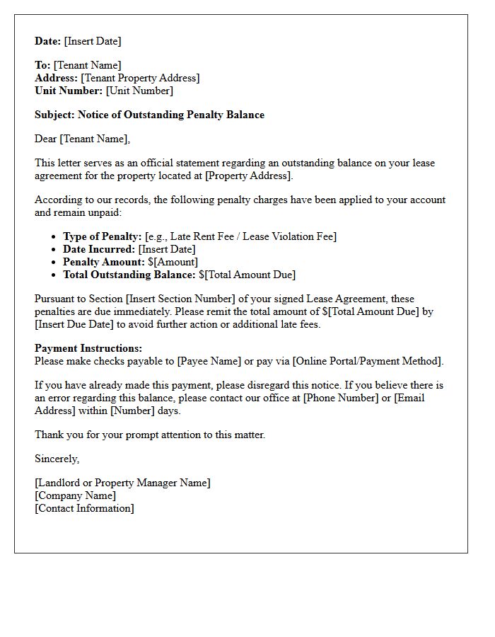Lease Agreement Penalty Outstanding Balance Statement Letter
