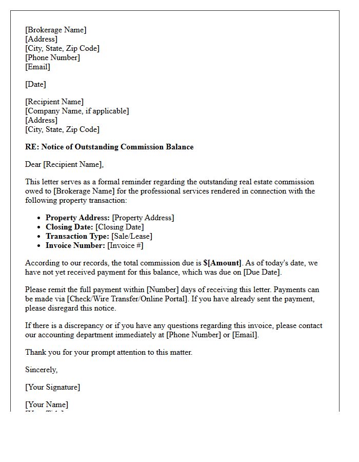 Real Estate Brokerage Commission Outstanding Balance Letter