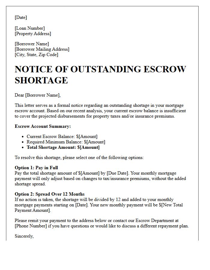 Outstanding Escrow Shortage Balance Statement Letter