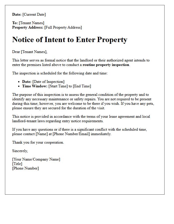 Routine Inspection Notice of Intent to Enter Property Letter
