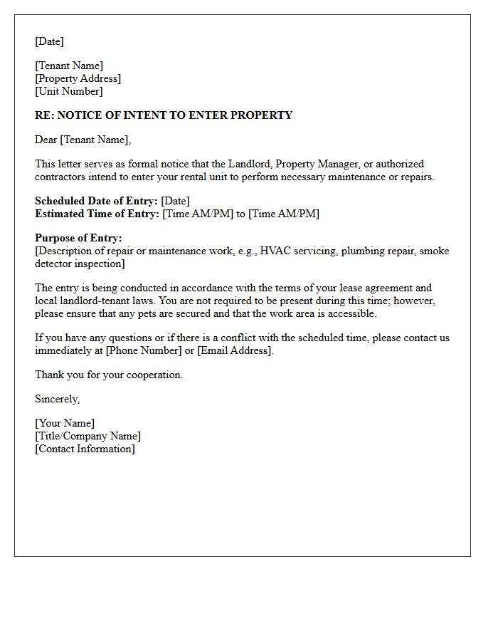 Maintenance and Repair Notice of Intent to Enter Property Letter