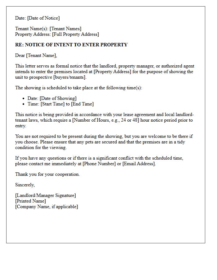 Property Showing Notice of Intent to Enter Property Letter