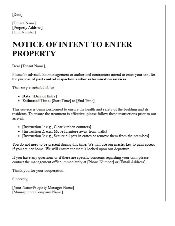 Pest Control Extermination Notice of Intent to Enter Property Letter
