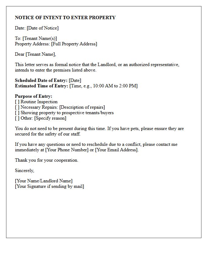 Landlord Notice of Intent to Enter Property Letter