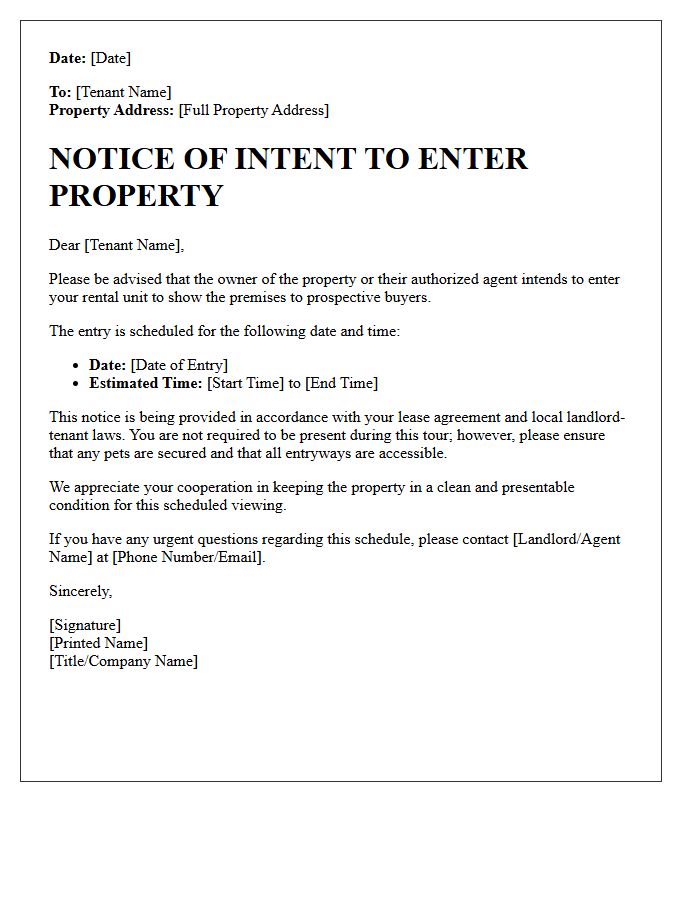 Prospective Buyer Tour Notice of Intent to Enter Property Letter