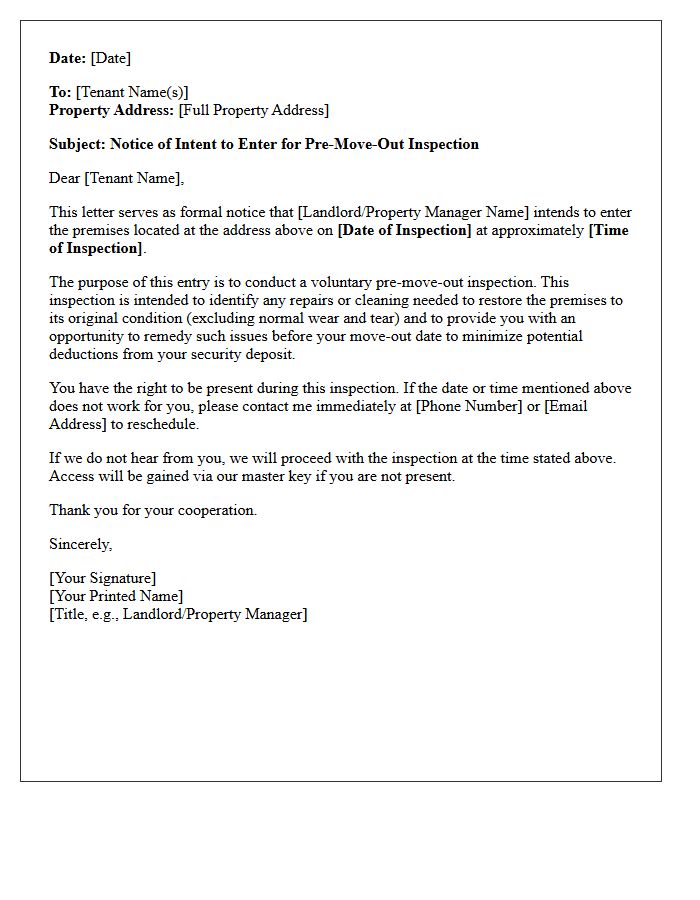 Pre-Move-Out Inspection Notice of Intent to Enter Property Letter