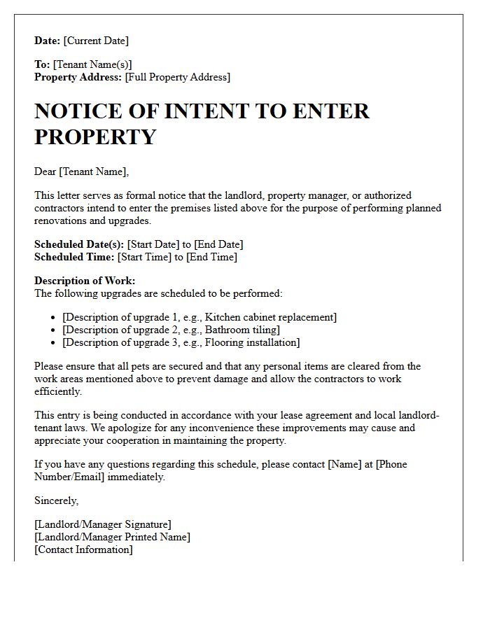 Renovation and Upgrade Notice of Intent to Enter Property Letter