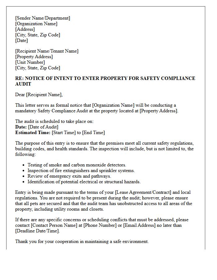 Safety Compliance Audit Notice of Intent to Enter Property Letter