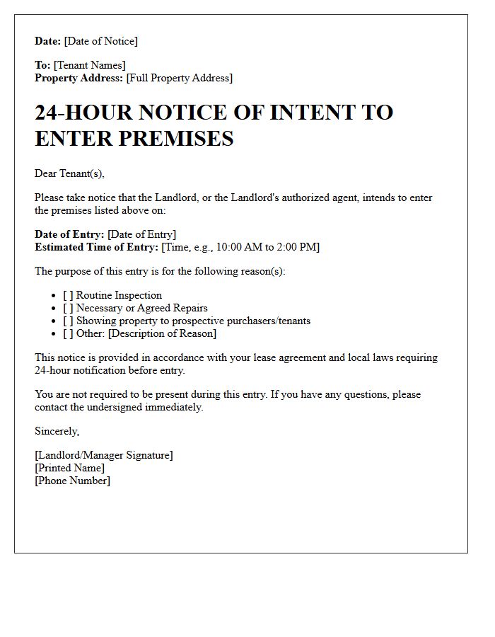 Twenty-Four Hour Notice of Intent to Enter Property Letter