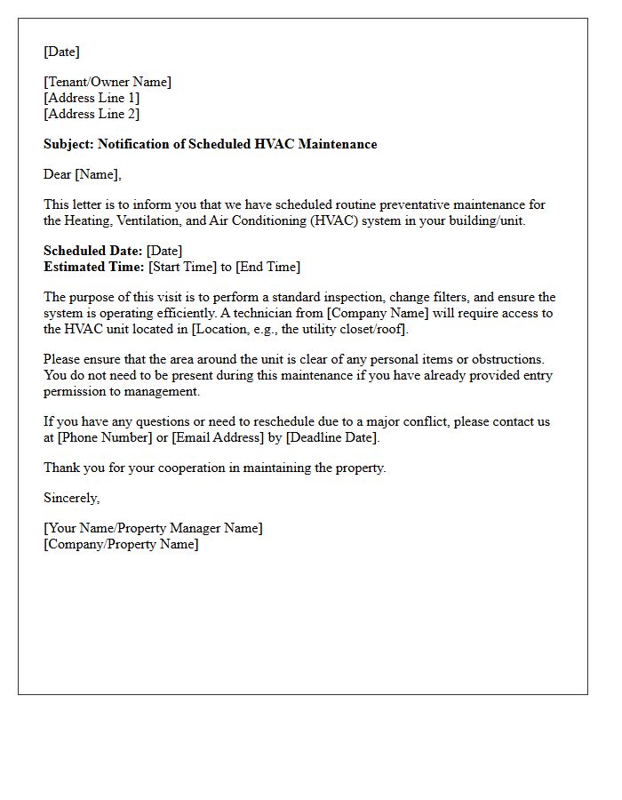 Scheduled HVAC Maintenance Notification Letter