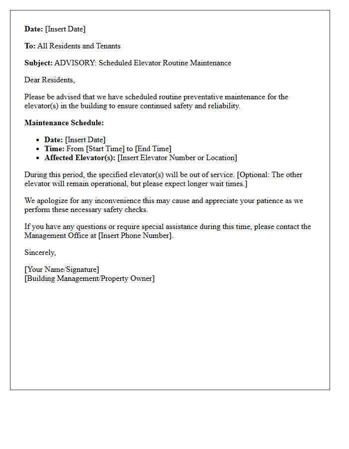 Elevator Routine Maintenance Advisory Letter