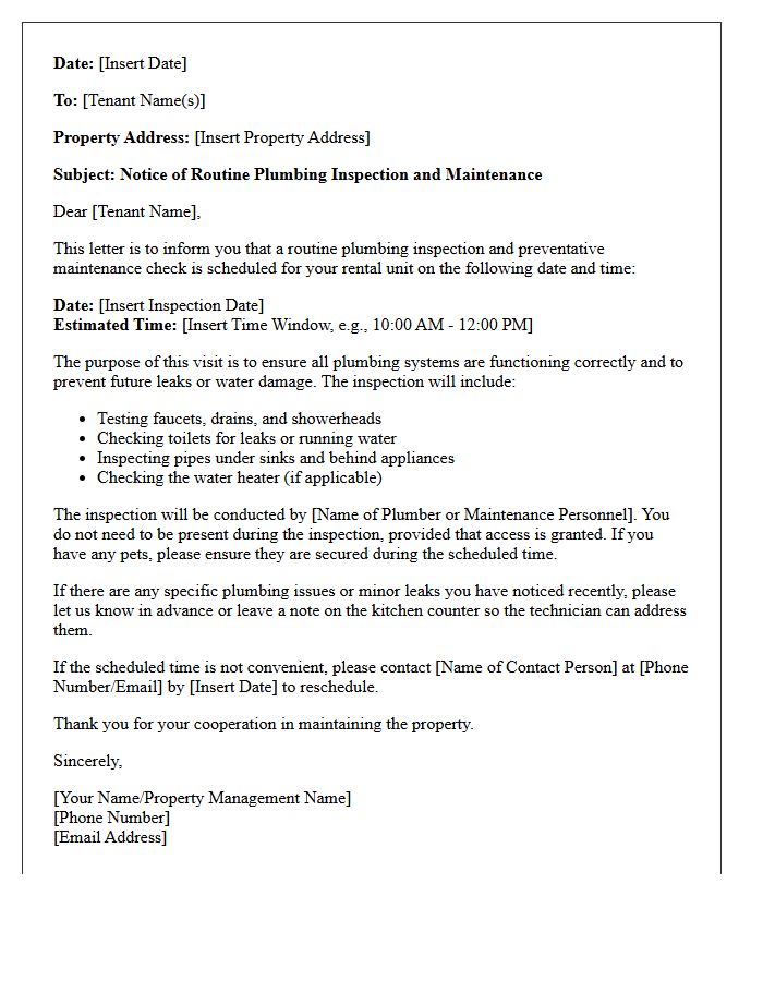 Property Plumbing Inspection and Maintenance Letter
