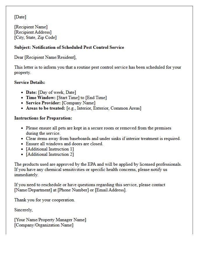 Scheduled Pest Control Service Notification Letter